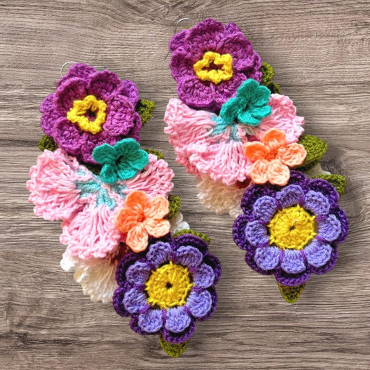 Pastel Flower Earrings Crochet Statement Floral Dangle Lilac Pink Summer Jewelry