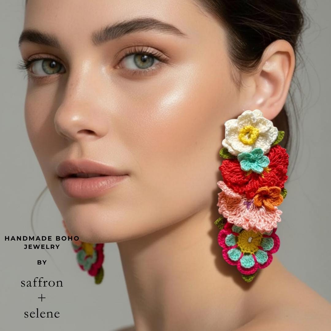 Daisy Flower Earrings Crochet Statement Floral Dangle Colorful Summer Jewelry