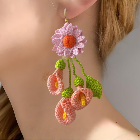 Pastel Crochet Flower Earrings Boho Floral Statement Dangle Summer Gift