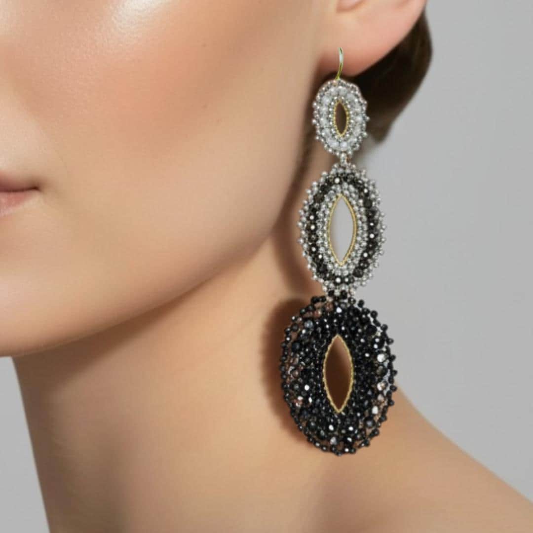 Black Silver Statement Earrings Beaded Long Dangle Evening Jewelry Gift