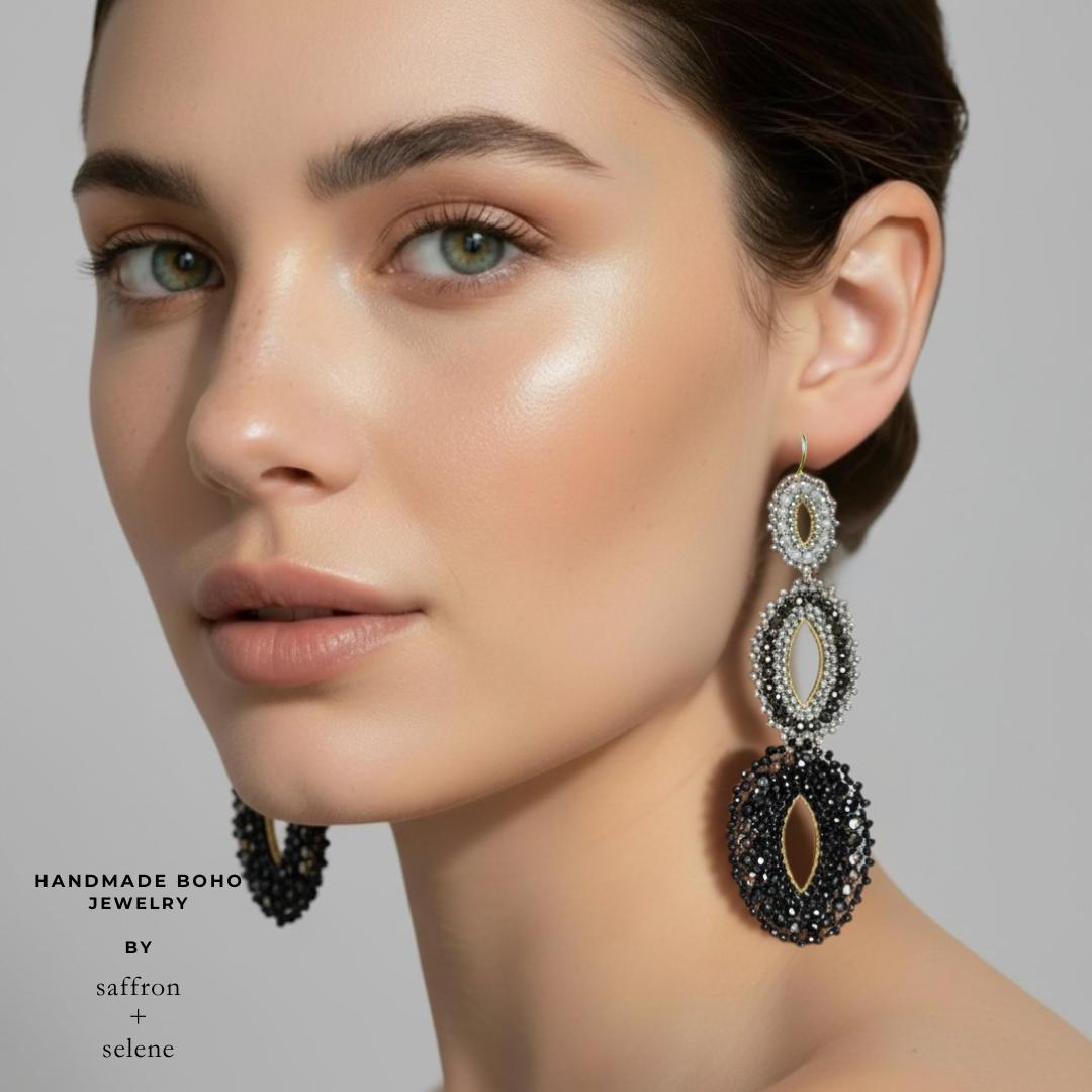 Black Silver Statement Earrings Beaded Long Dangle Evening Jewelry Gift
