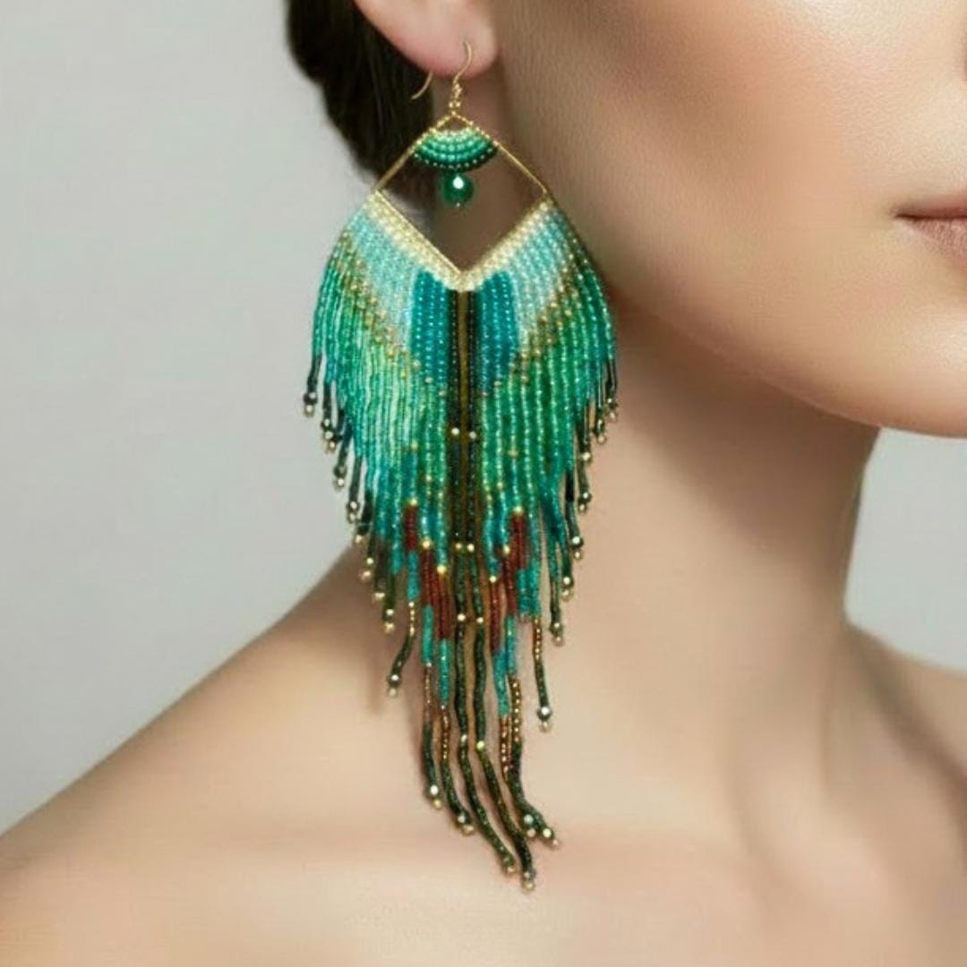 Peacock Feather Earrings Green Fringe Statement Beaded Dangle Gift for Her