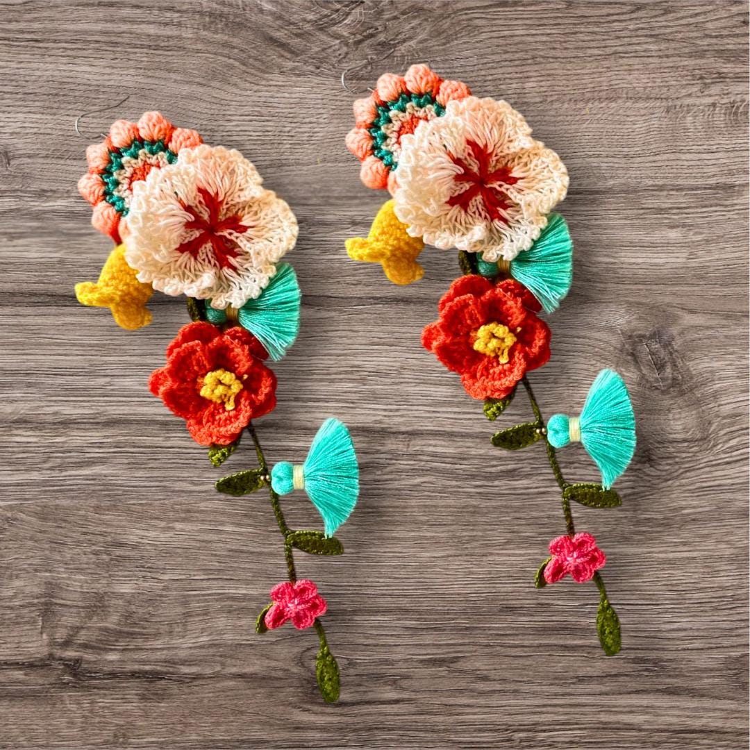 Handmade Micro Crochet Flower Dangle Earrings – Long Boho Floral Statement Jewelry