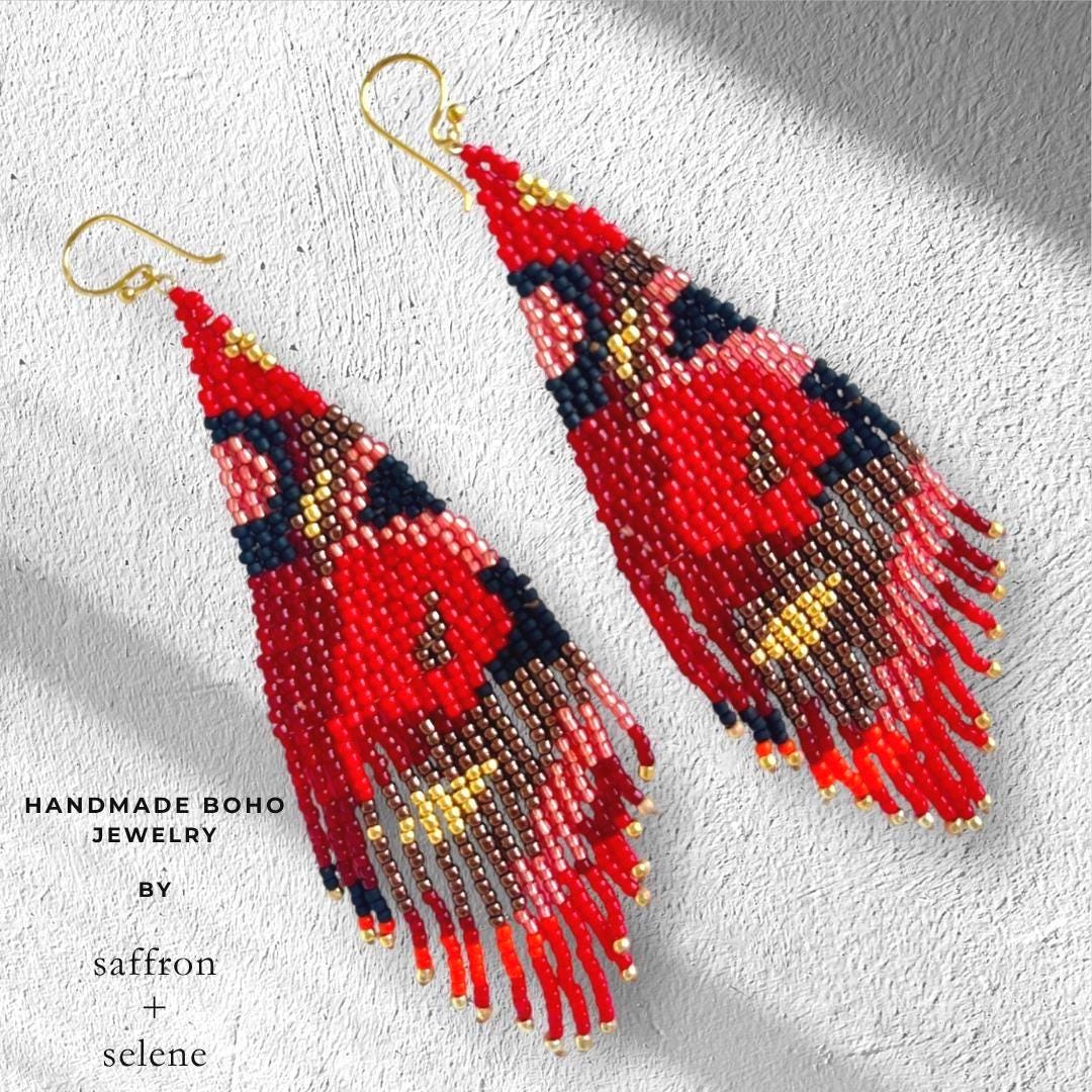 Red and Gold Boho Fringe Earrings, with bronze, black and burgandy highlights in an abstract boho flower design.  Great  holiday jewelry gift idea by Saffron and Selene handmade jewelry for women