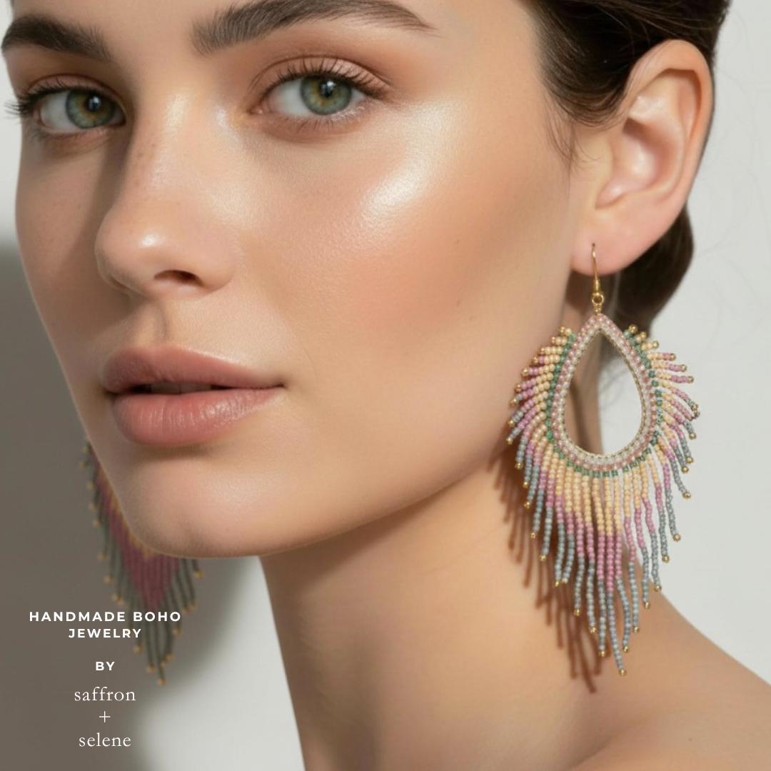 Pale Pink Jade Fringe Earrings Beaded Statement Dangle Boho
