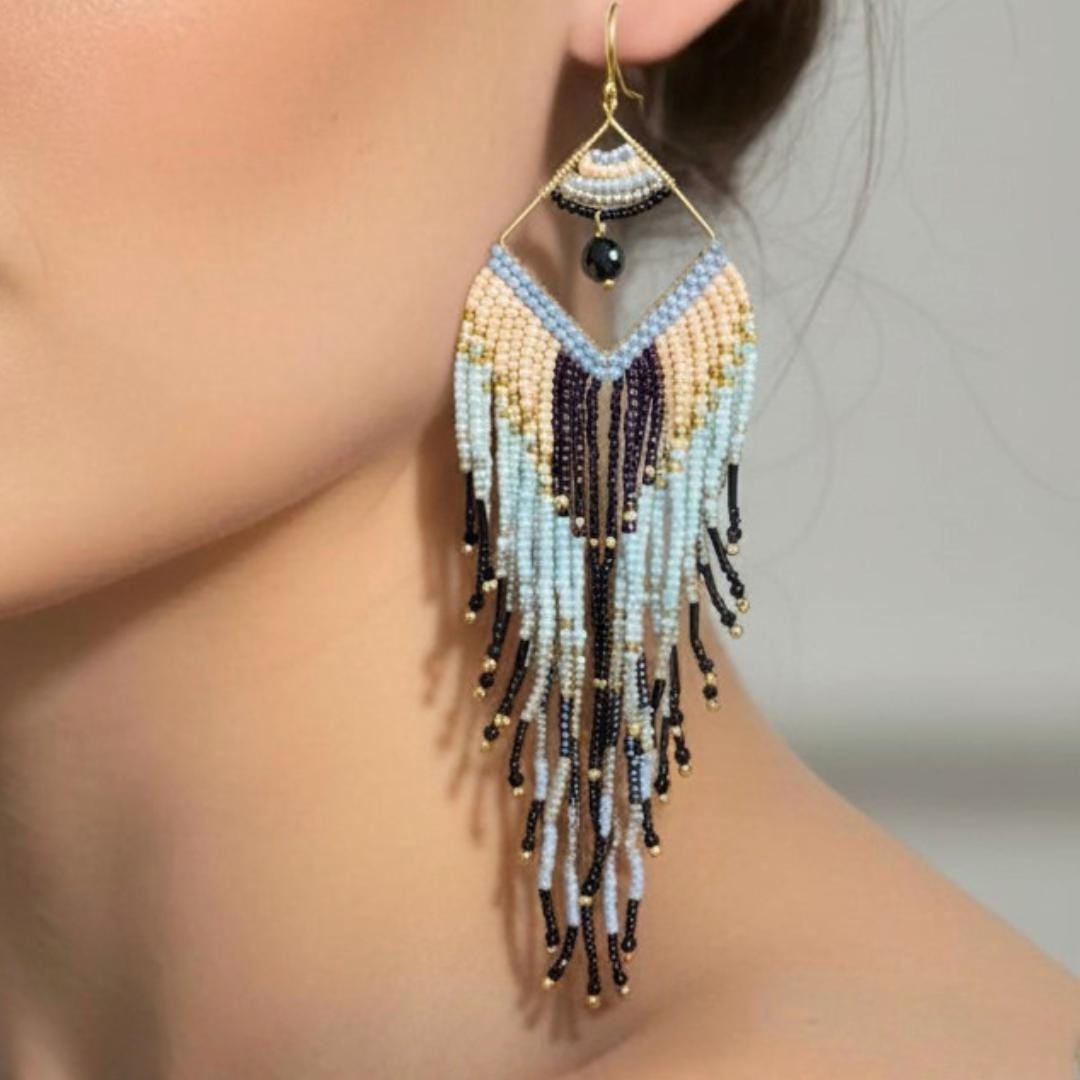 Boho Tribal Fringe Earrings Statement Beaded Festival Drop