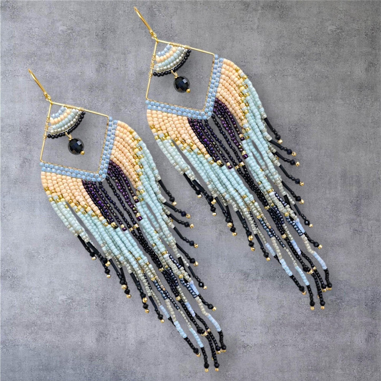 Neutral Fringe Earrings Cream Black Gold Beaded Statement Drop
