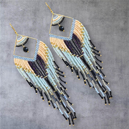 Neutral Fringe Earrings Cream Black Gold Beaded Statement Drop