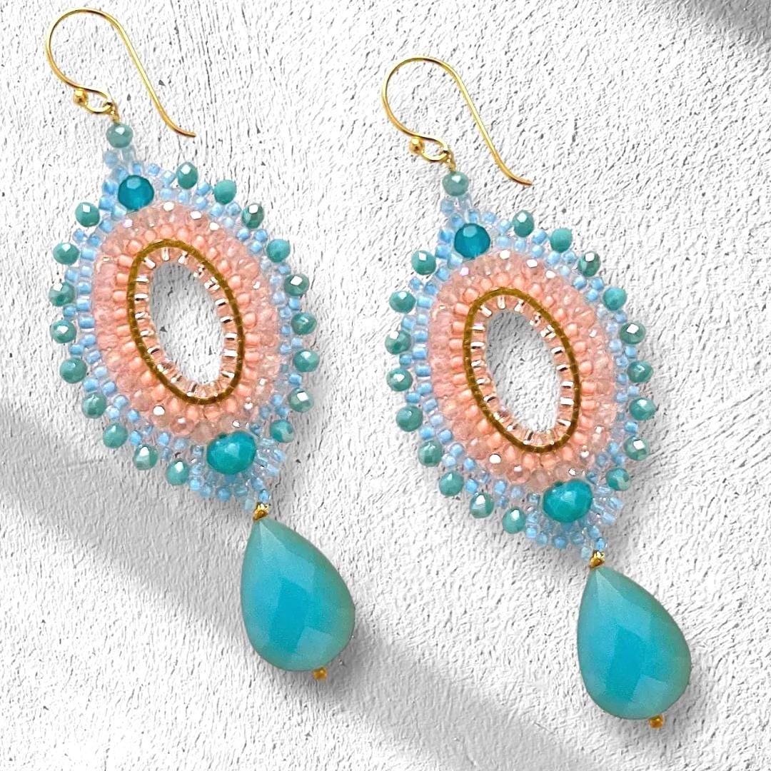 Turquoise Teardrop Seed Bead Earrings: Pink Crystal Boho Jewelry gifts for her