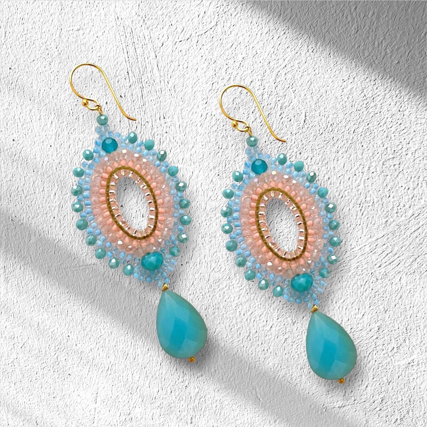 Turquoise Teardrop Seed Bead Earrings: Pink Crystal Boho Jewelry gifts for her