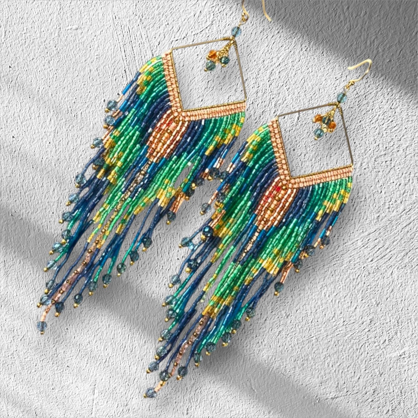 Teal Blue Fringe Earrings, Peacock Beaded Dangle, Long Statement Jewelry, Boho Style