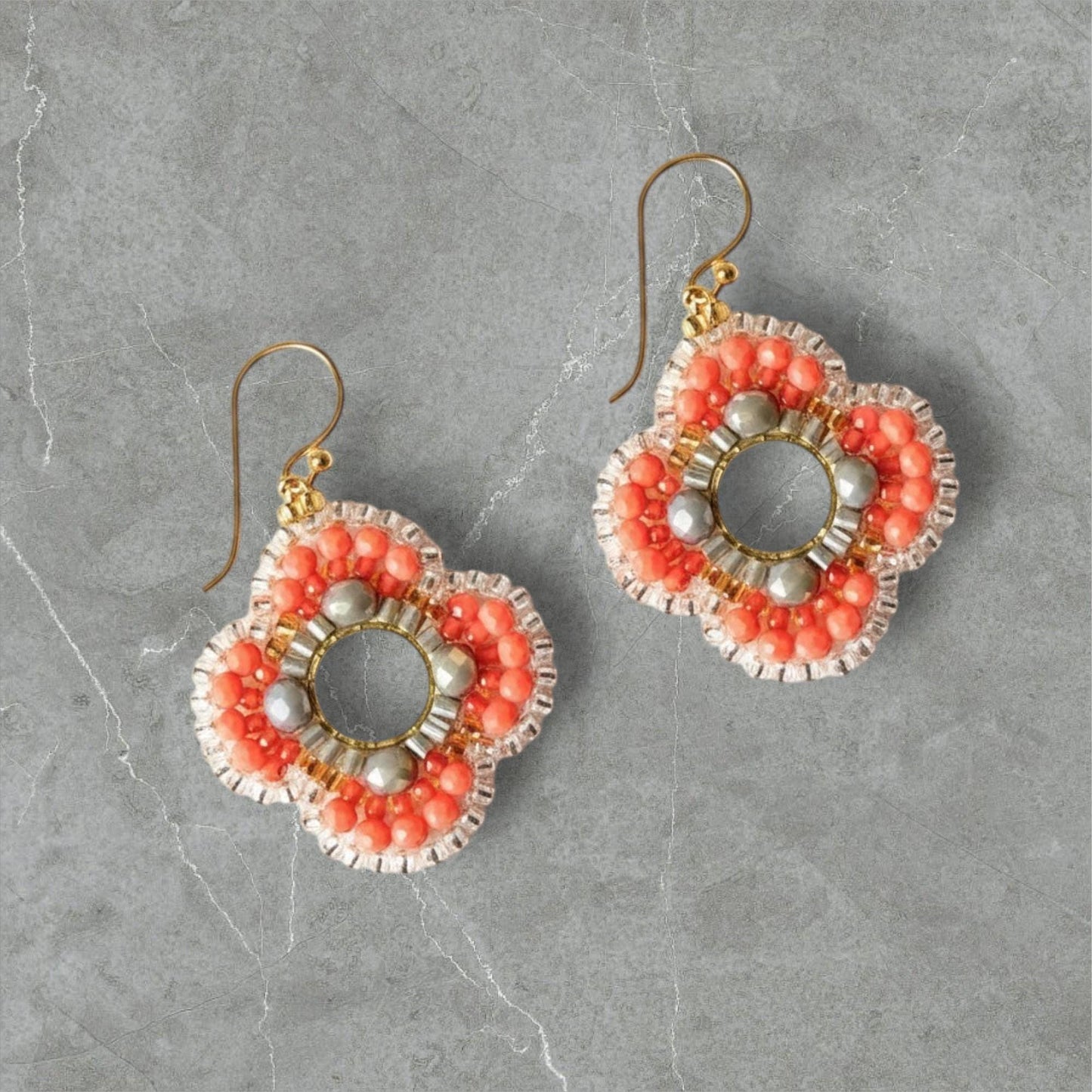 Handmade Beaded Flower Earrings: Coral, Grey Glass, 9k Gold Hooks
