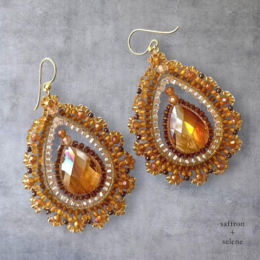 Hand beaded Gold Dangle Earrings, centre faceted crystal: crystal teardrop Jewelry gifts for her