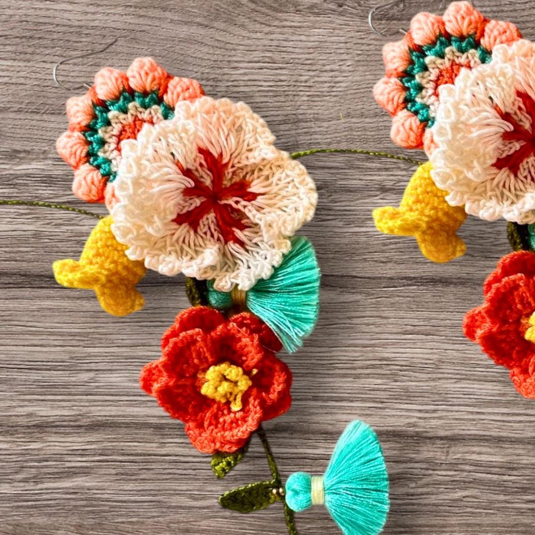 Handmade Micro Crochet Flower Dangle Earrings – Long Boho Floral Statement Jewelry