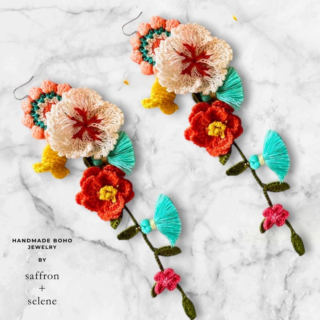 Handmade Micro Crochet Flower Dangle Earrings – Long Boho Floral Statement Jewelry