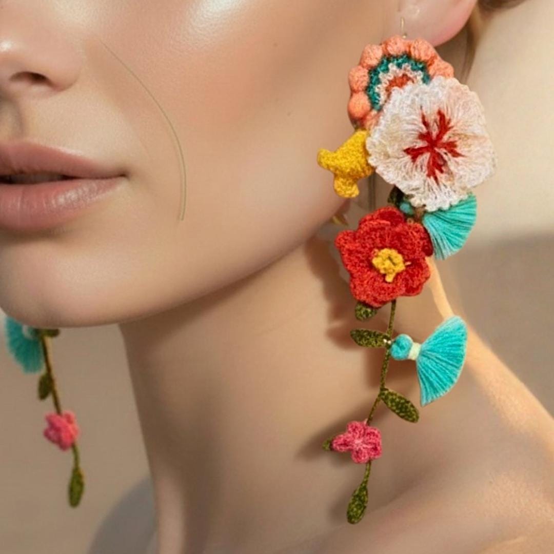 Handmade Micro Crochet Flower Dangle Earrings – Long Boho Floral Statement Jewelry