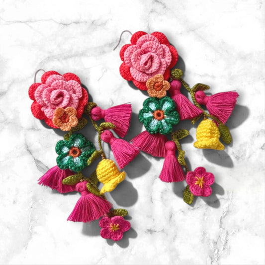 Crochet Flower Tassel Earrings Boho Statement Jewelry Cottagecore Festival Bridal Guest Gift