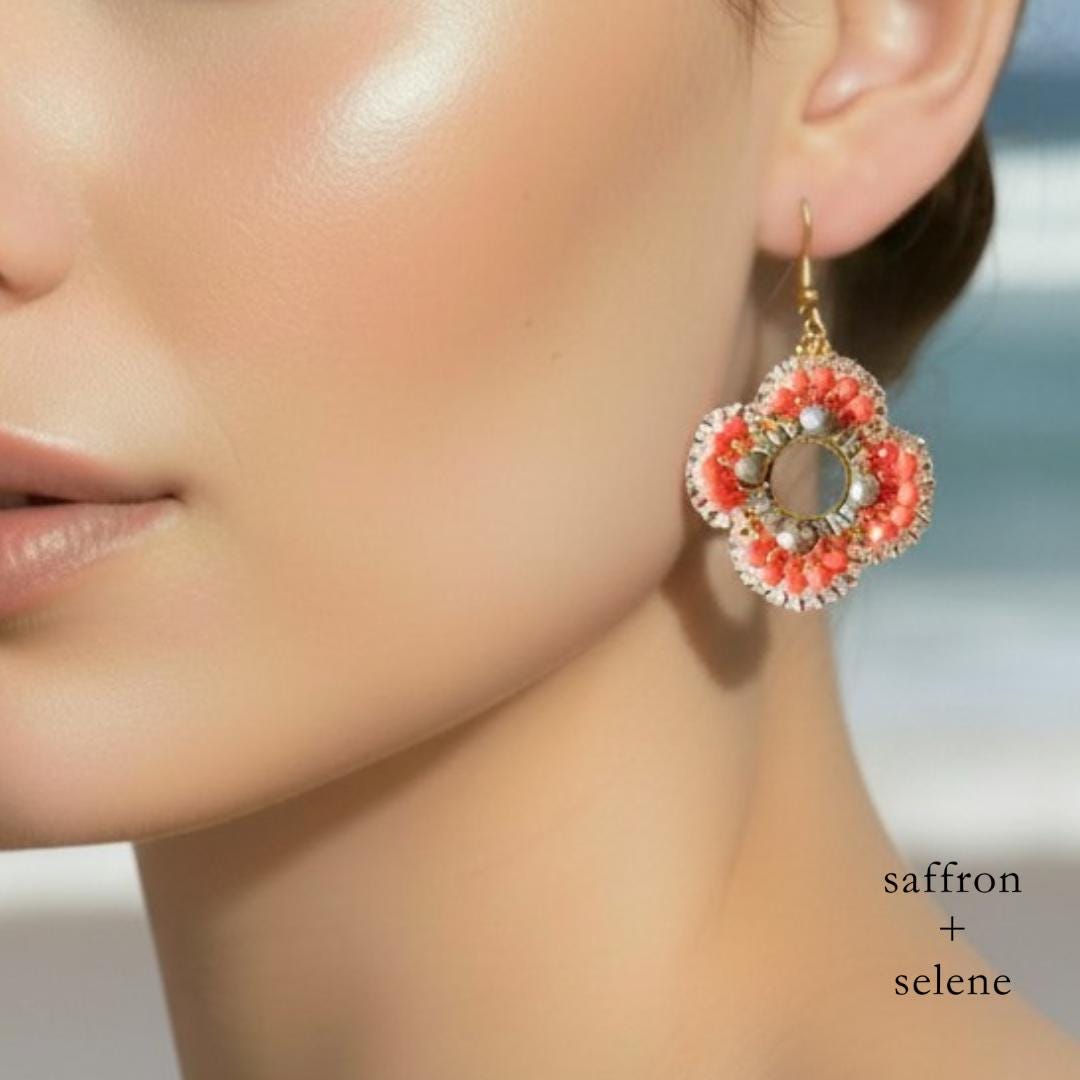 Handmade Beaded Flower Earrings: Coral, Grey Glass, 9k Gold Hooks