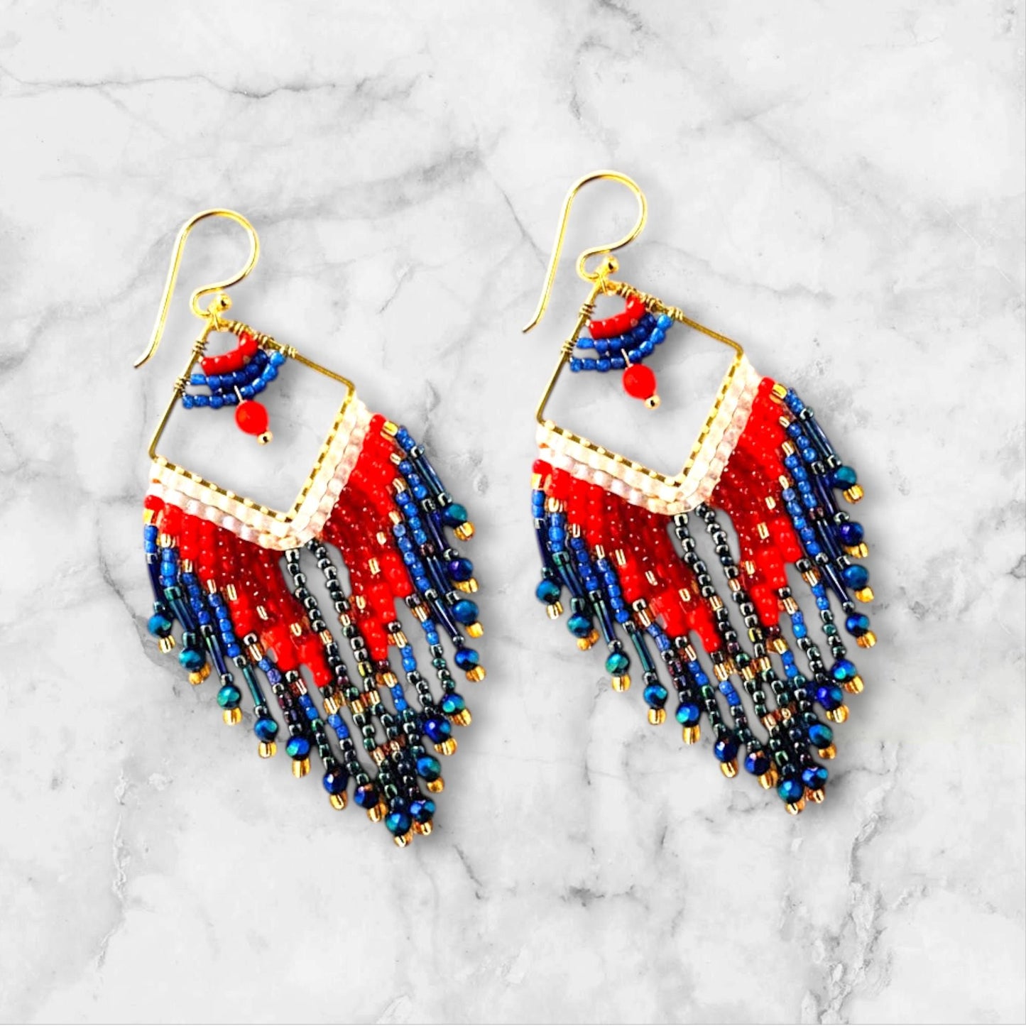 Patriotic Fringe Beaded Earrings Red White Blue Boho Statement Jewelry