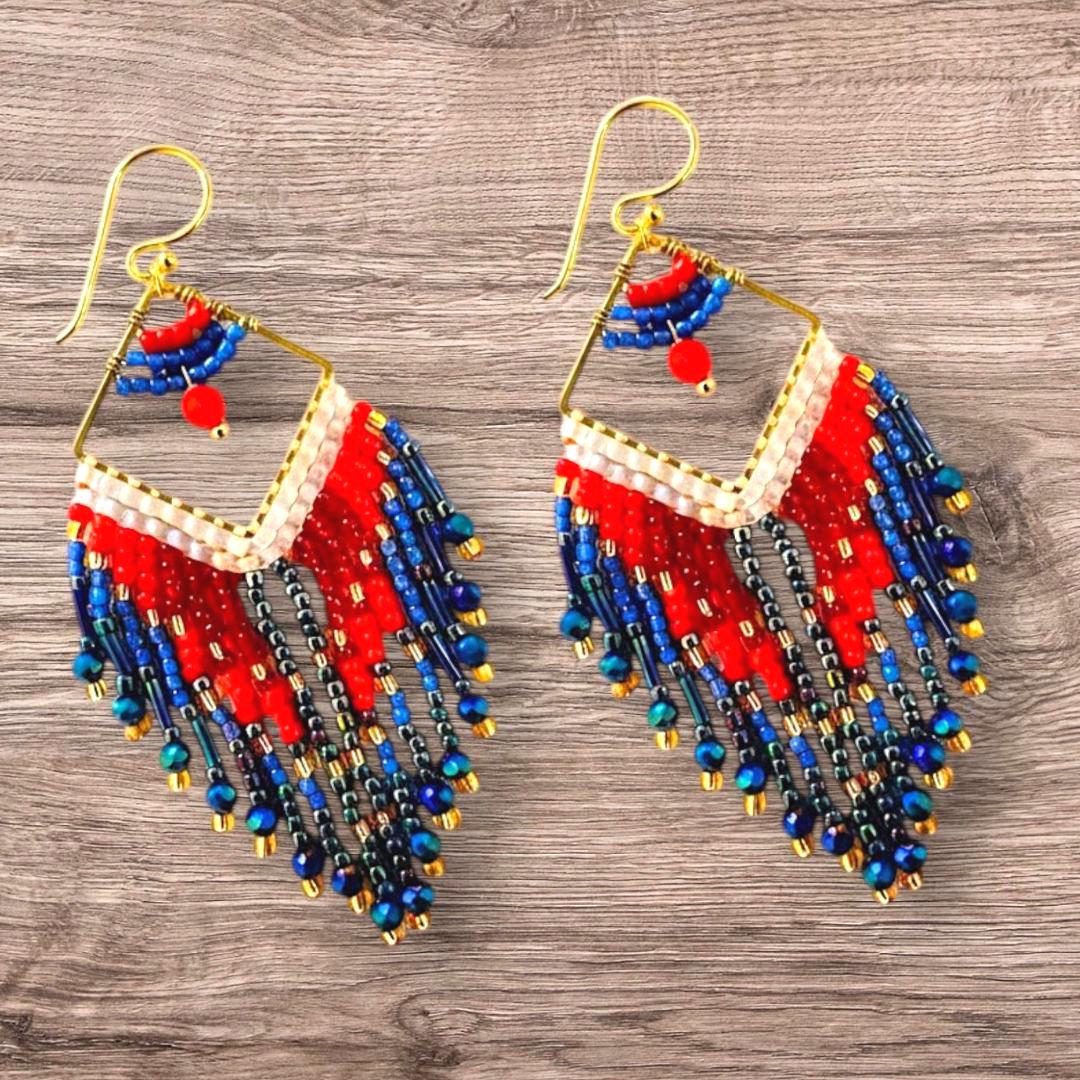 Patriotic Fringe Beaded Earrings Red White Blue Boho Statement Jewelry