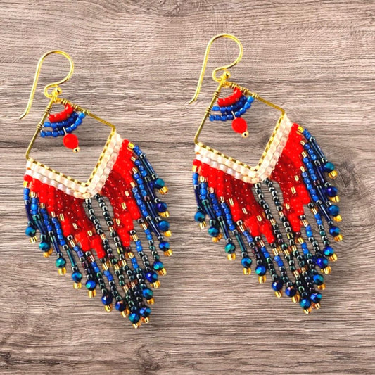 Patriotic Fringe Beaded Earrings Red White Blue Boho Statement Jewelry