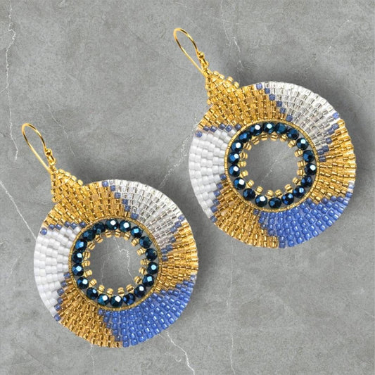 Gold & Blue Seed Bead Earrings: Boho Dangle Jewelry Gifts for Women