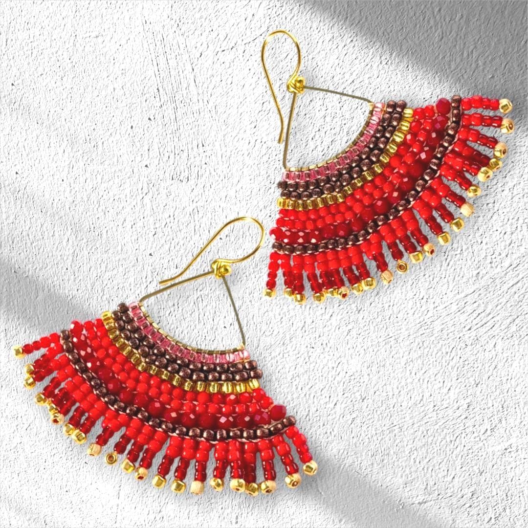 Red Fringe Earrings: Seed Bead Jewelry with gold - Handmade Boho Christmas Jewelry Gifts for women