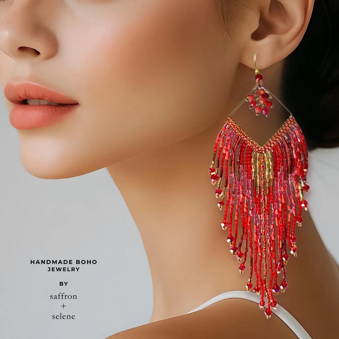 Close-up of seed bead fringe earring beadwork detail, handcrafted boho jewelry by Saffron & Selene