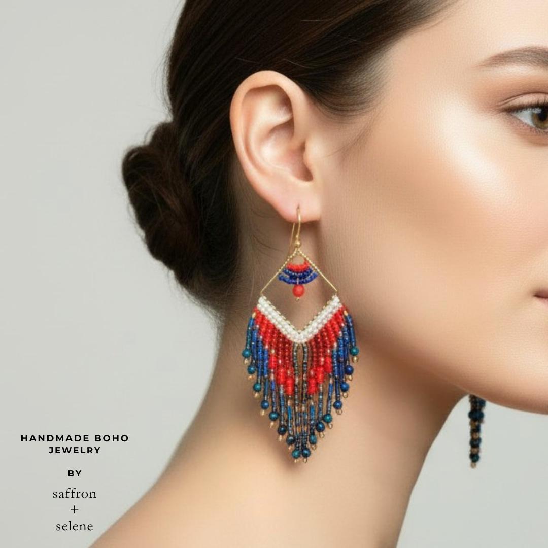 Artisan beaded earrings with elegant flowing fringe detail