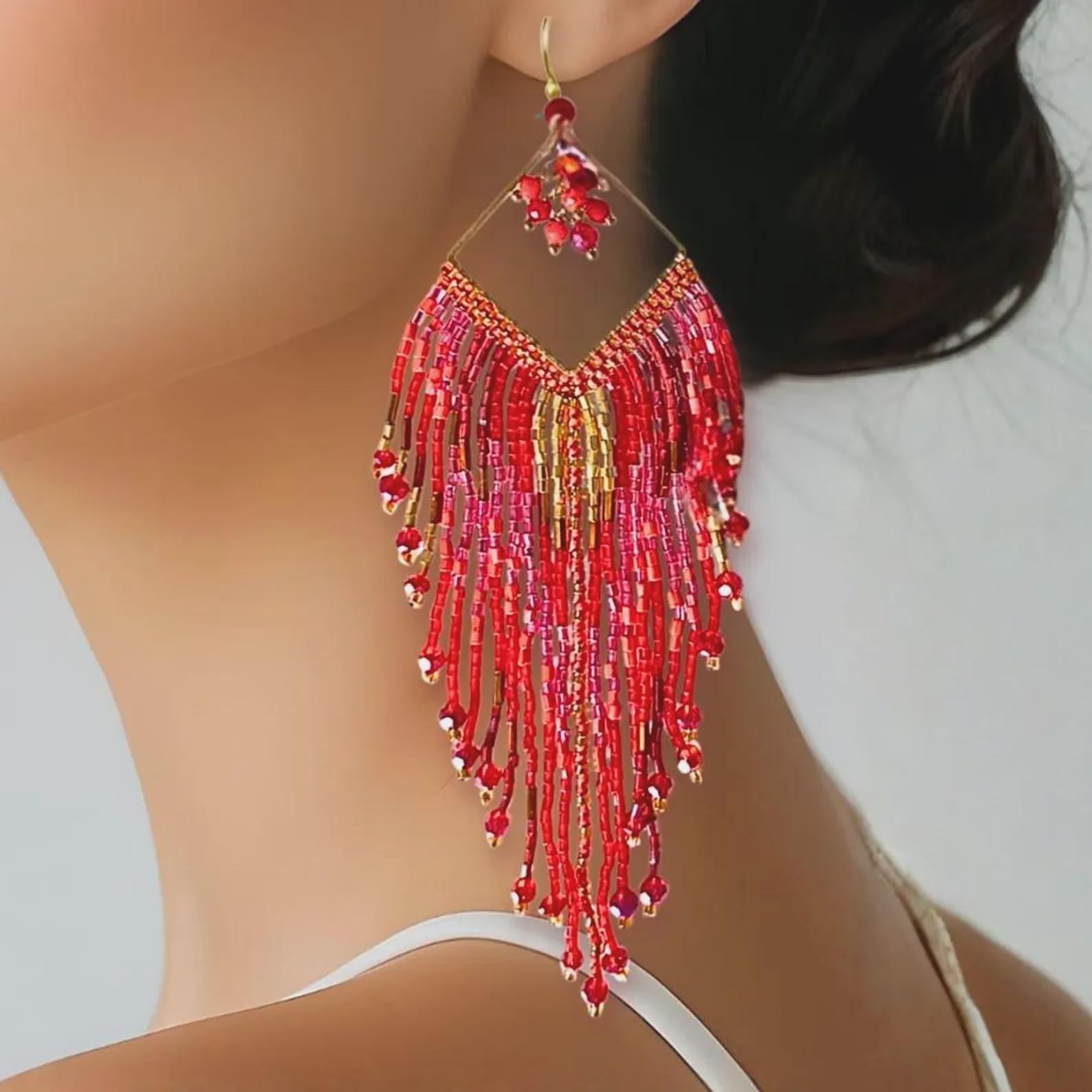 Boho beaded fringe earrings in mixed seed beads, long drop style worn on model, handmade by Saffron & Selene