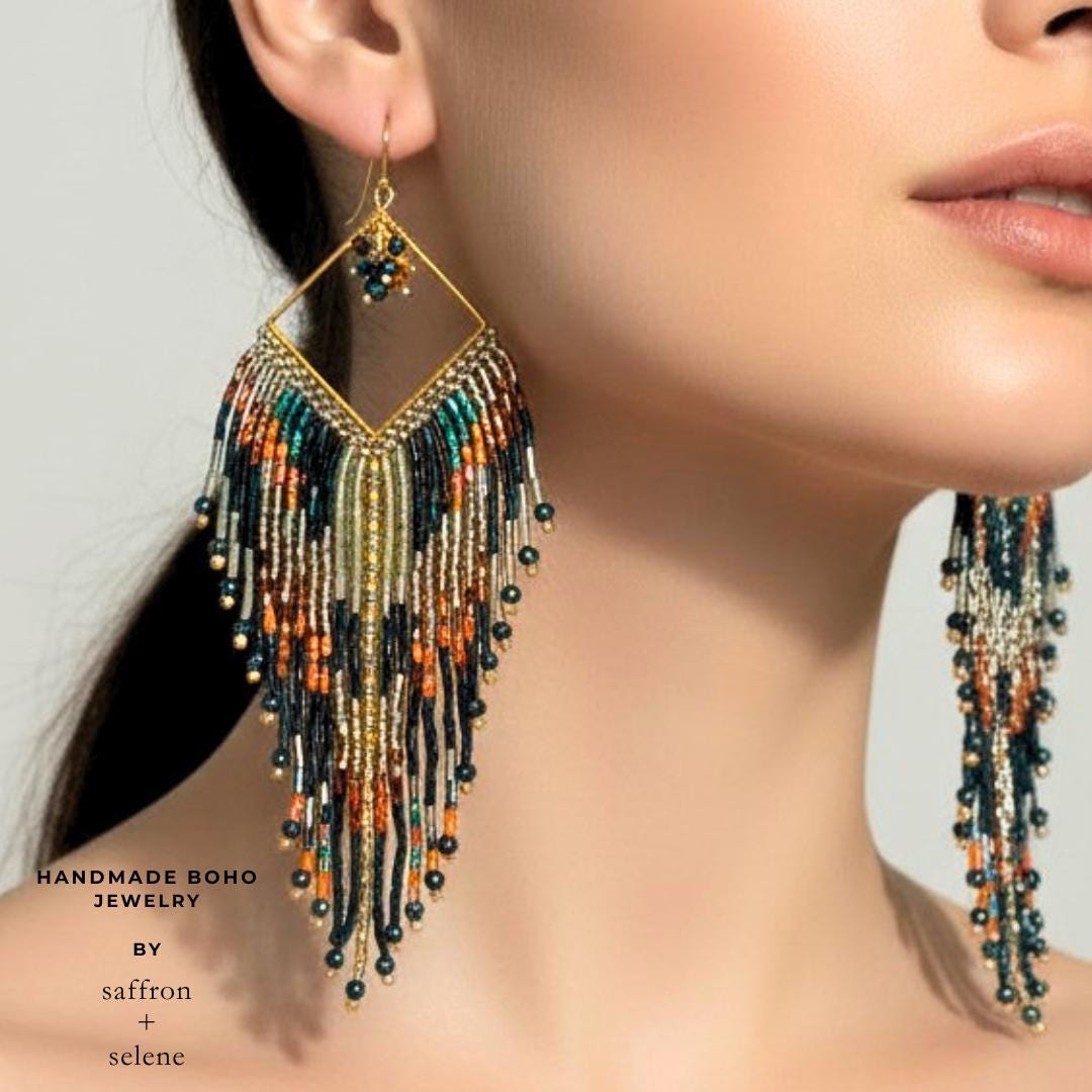 Boho statement earrings with long handcrafted beadwork