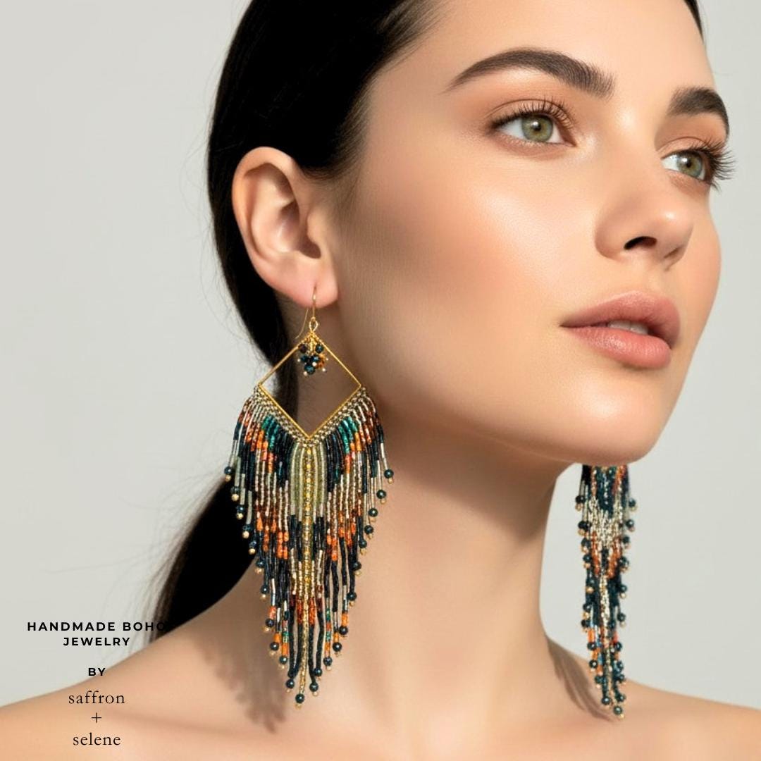 Boho glam earrings with iridescent metallic detailing