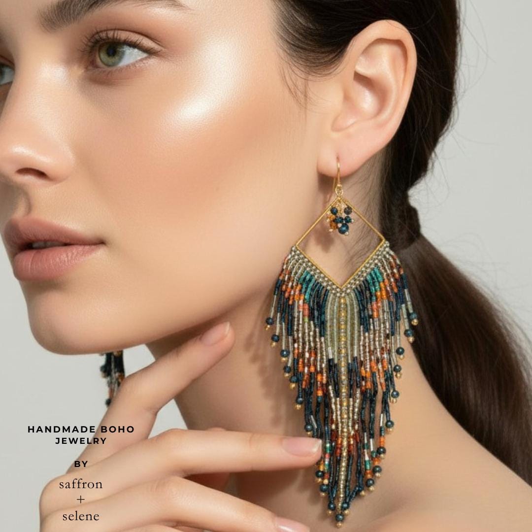 Handcrafted statement earrings with flowing fringe design