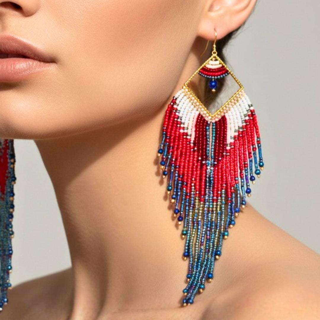 Fringe Earrings – Red White Blue Seed Bead Dangles, USA Jewelry