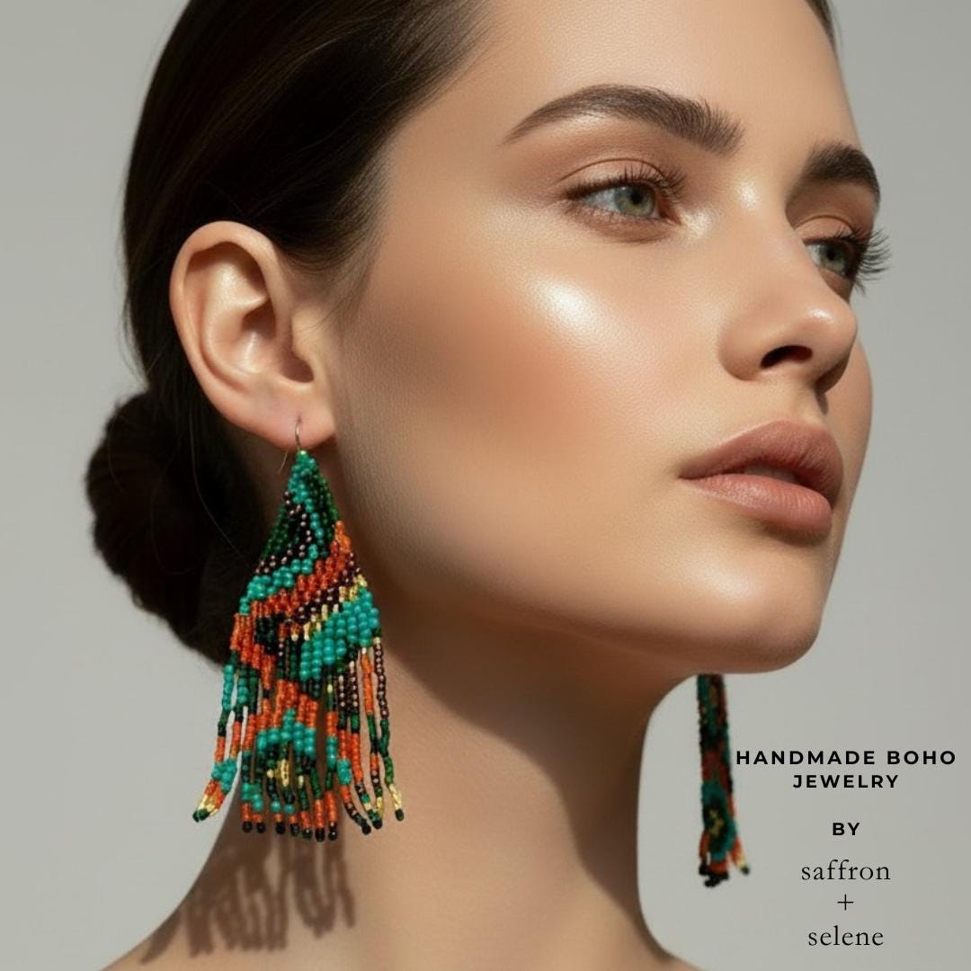 Artisan fringe earrings handcrafted with seed beads in green, rust, black and gold tones