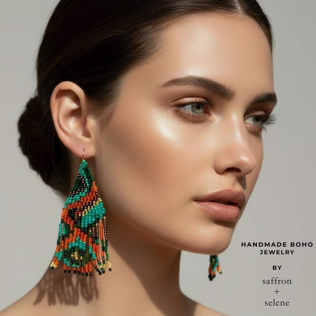 Handmade boho fringe earrings with intricate seed bead detailing and earth tone colour palette