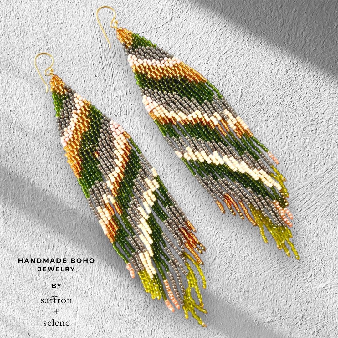 Earth tone statement earrings with intricate handwoven bead fringe
