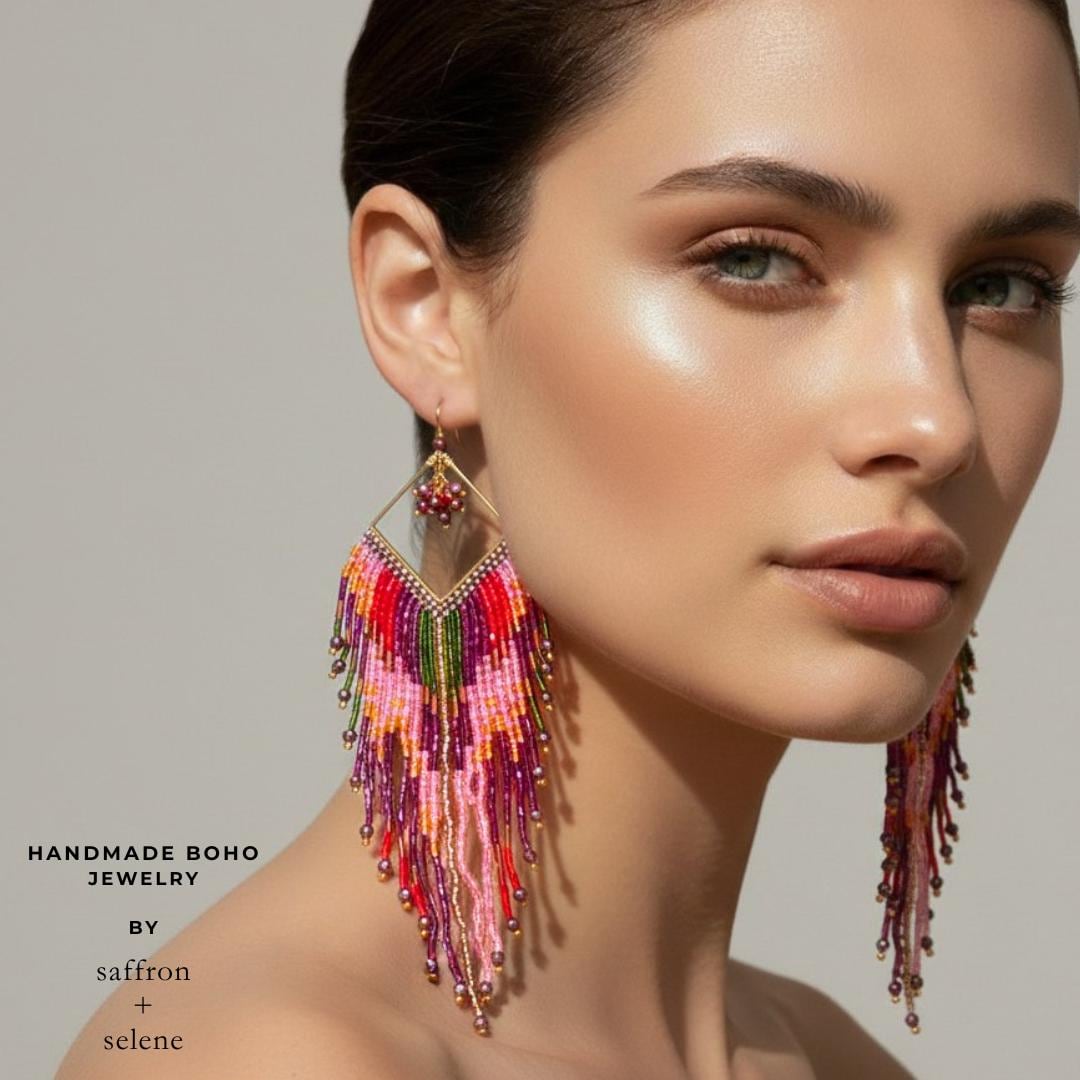 Handmade fringe earrings showing movement and length when worn
