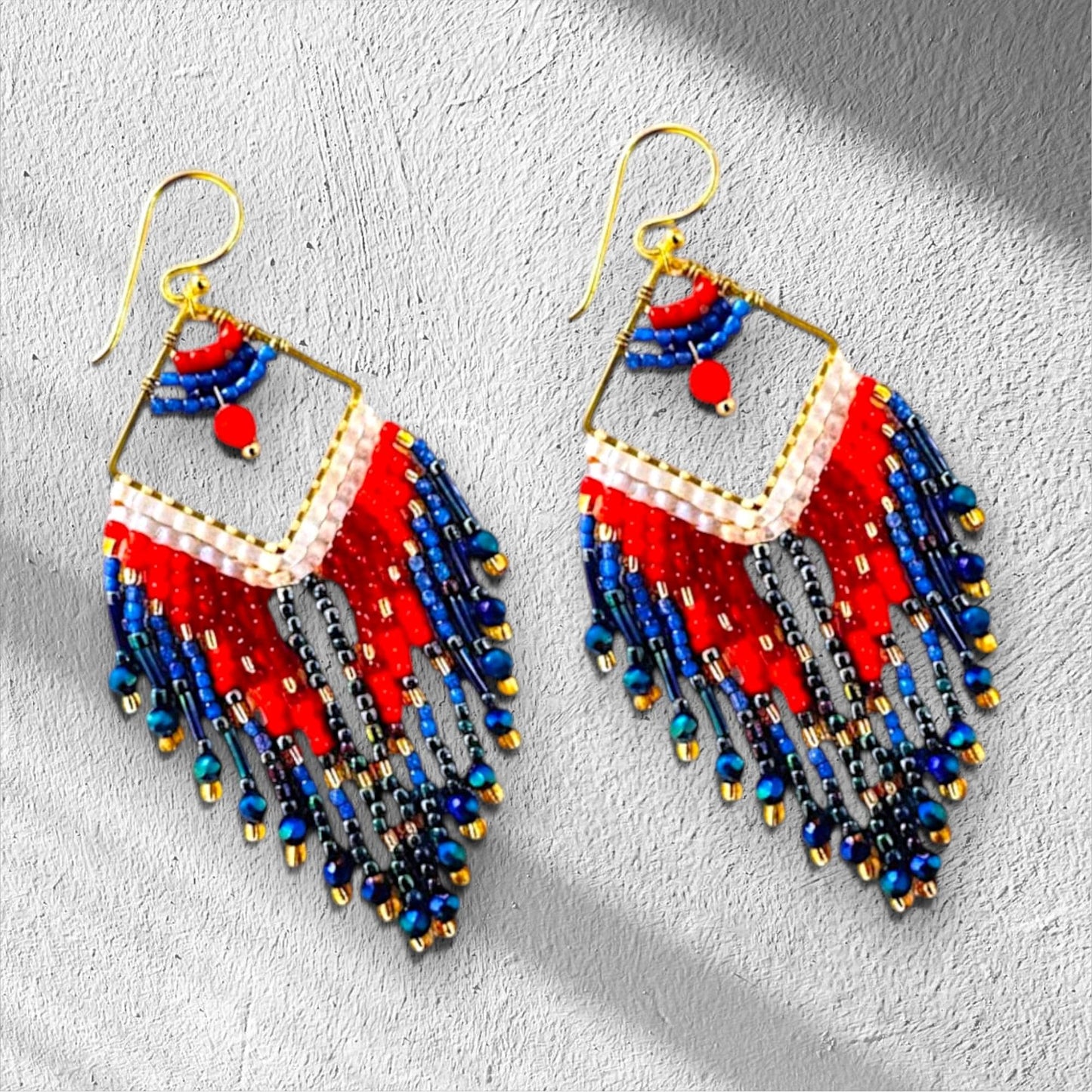 Red white blue statement earrings with flowing beaded fringe