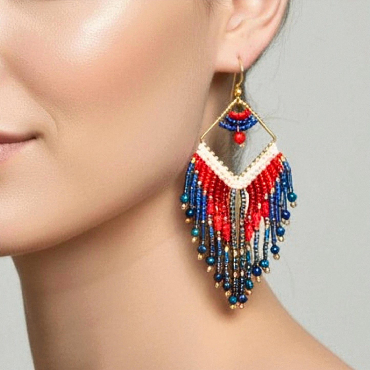 Patriotic fringe earrings handcrafted with red white and blue beadwork