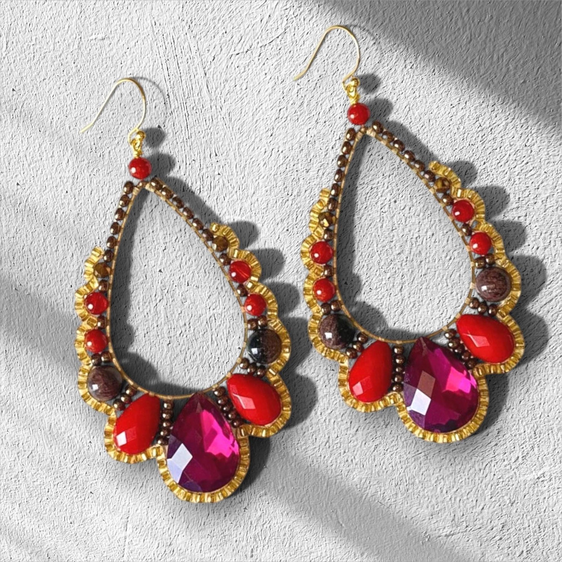 Red Crystal Teardrop Earrings – Statement Drop Gold Dangles – Elegant Handmade Jewelry
