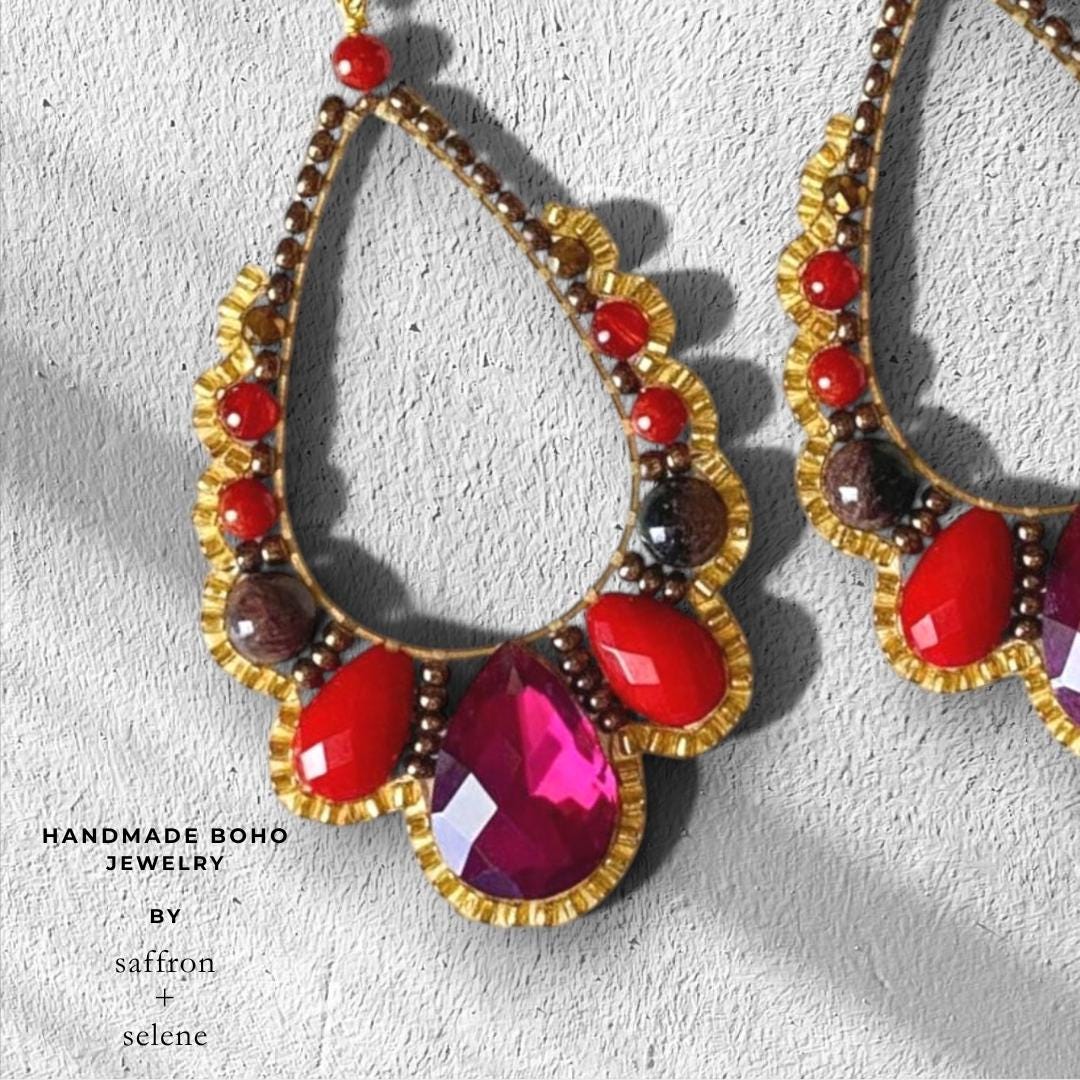 Red Crystal Teardrop Earrings – Statement Drop Gold Dangles – Elegant Handmade Jewelry