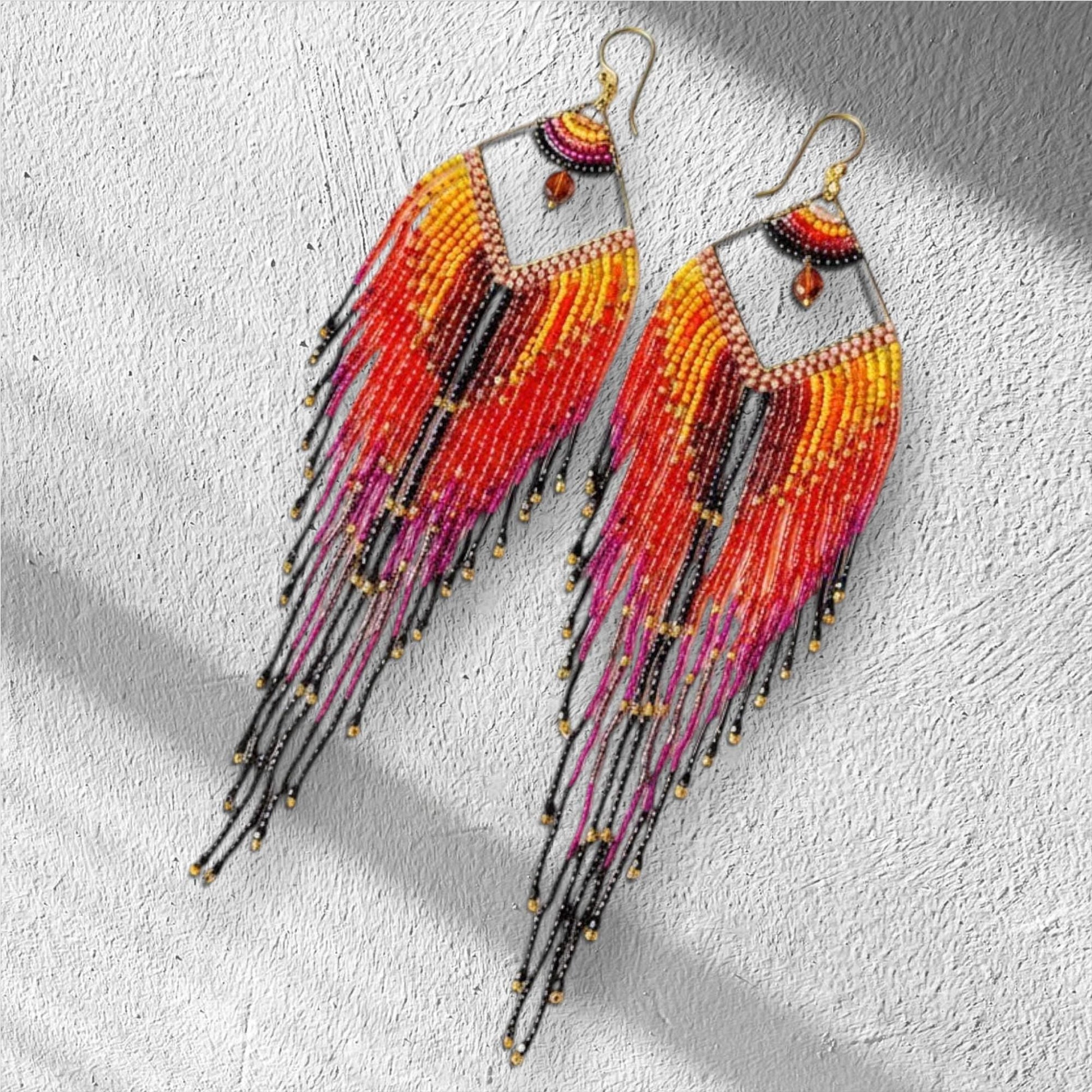 Handmade colorful earrings with flowing fringe movement