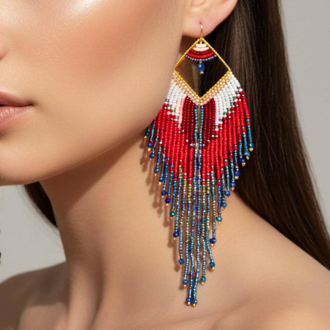 Fringe Earrings – Red White Blue Seed Bead Dangles, USA Jewelry