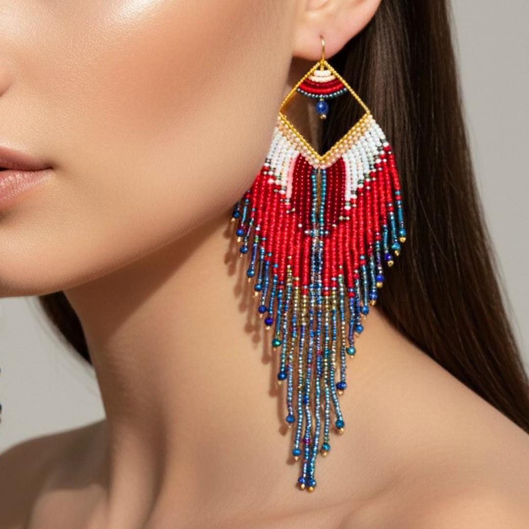 Western fringe earrings with red white and blue handcrafted beadwork