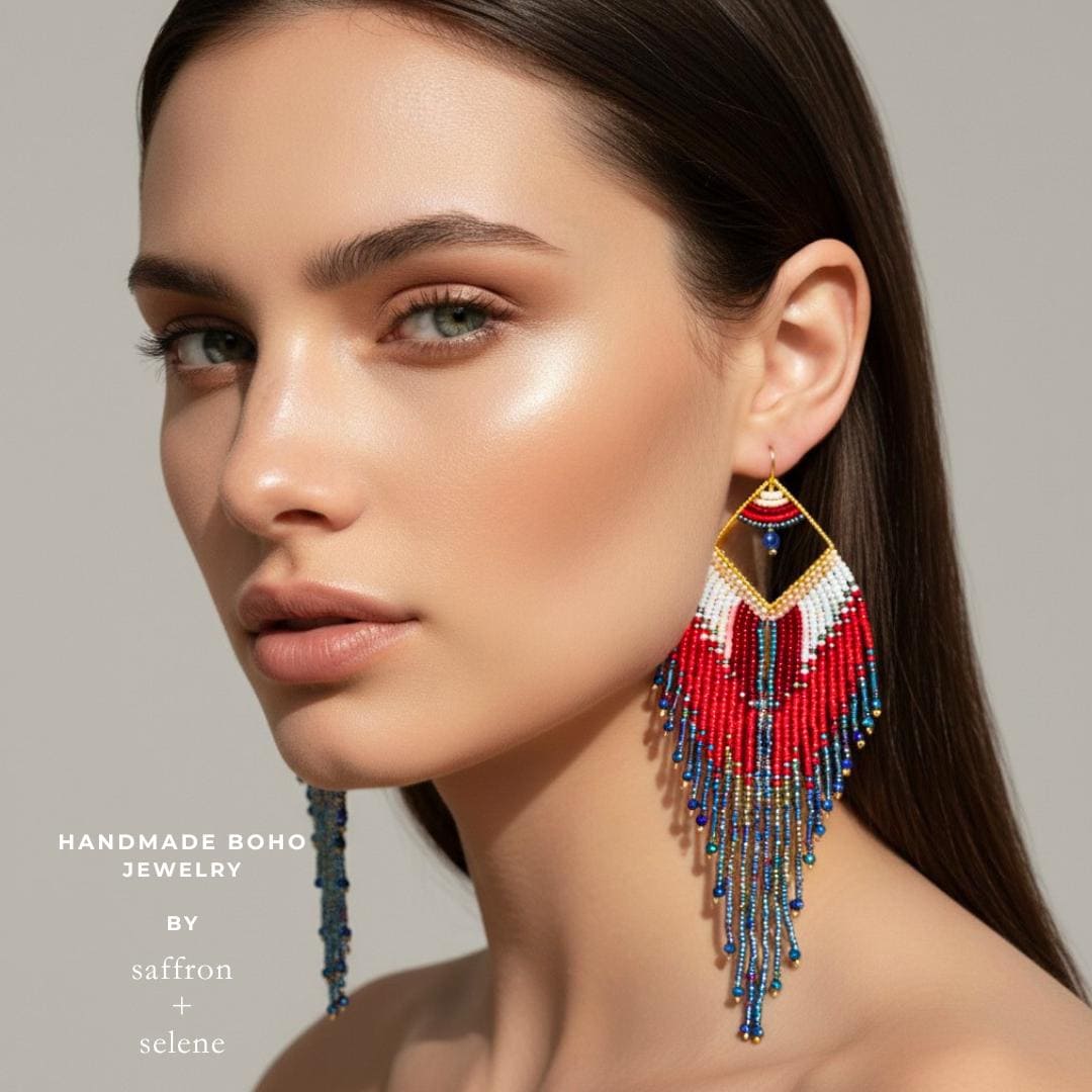 Handmade western statement earrings with geometric gold frame
