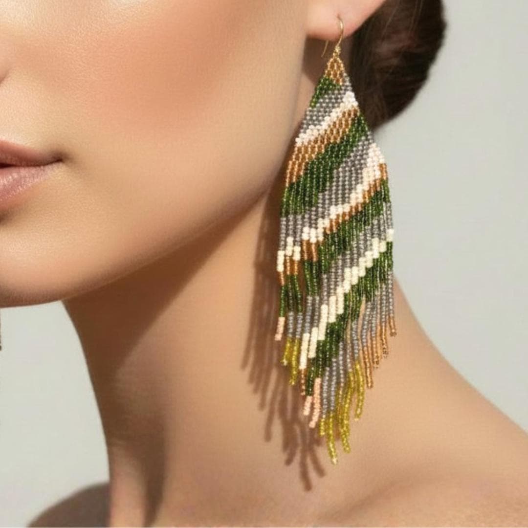 Handmade boho fringe earrings in forest green cream chartreuse and metallic gold seed beads