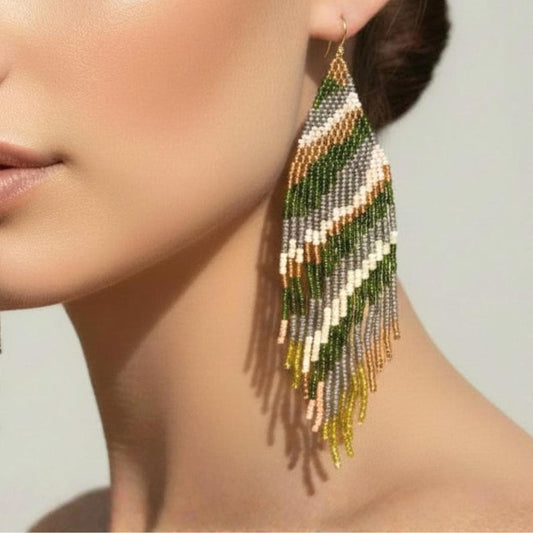 Handmade boho fringe earrings in forest green cream chartreuse and metallic gold seed beads