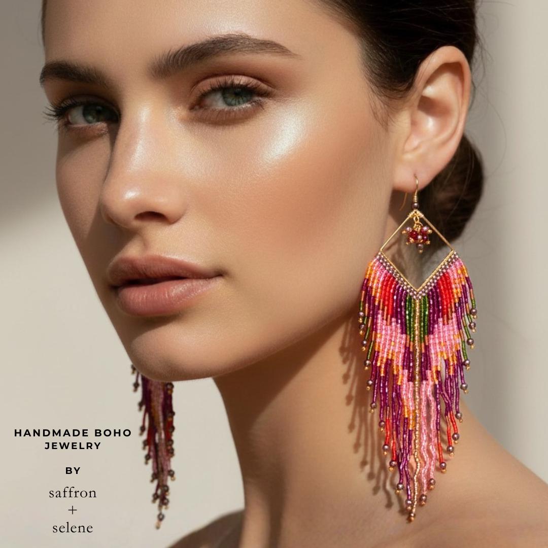 Festival earrings with colourful seed bead fringe and geometric design