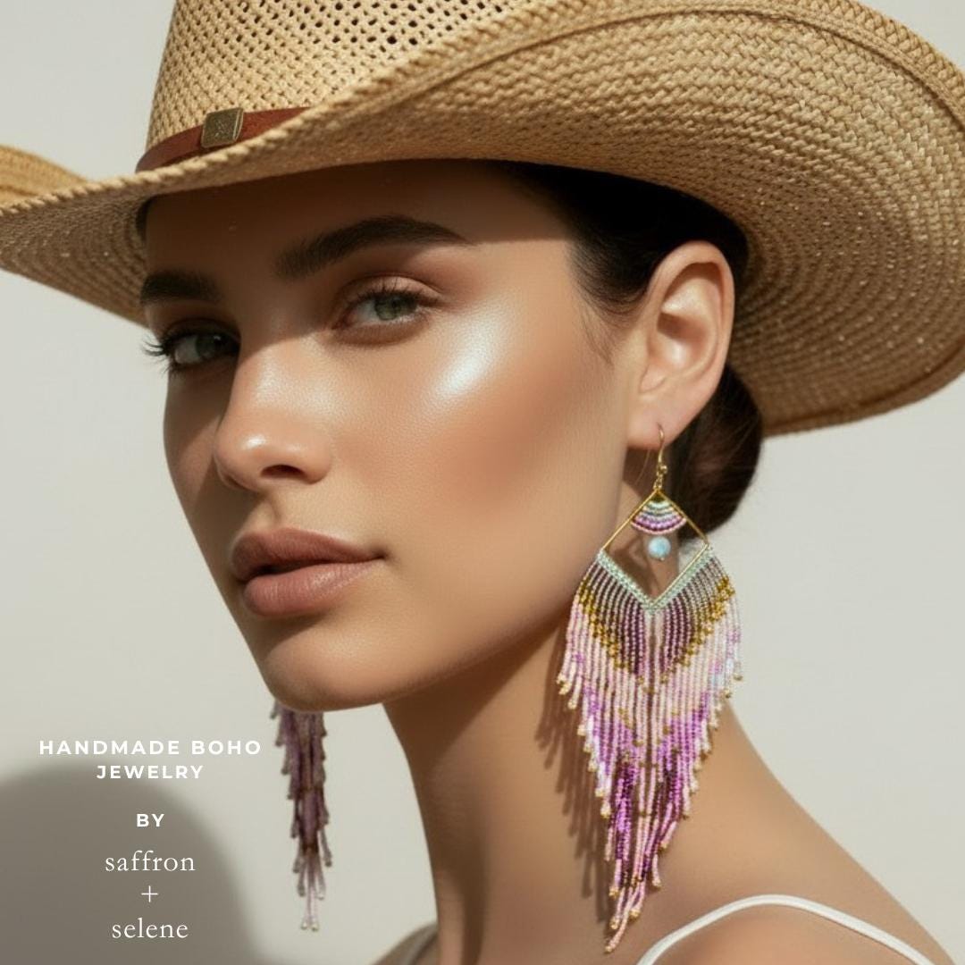Artisan fringe earrings featuring pink beadwork and geometric gold frame, perfect western glam earrings for festivals and rodeos
